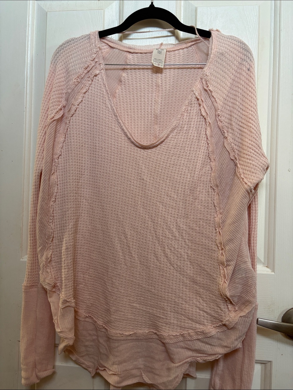We The Free Pale Pink Waffle-Knit V-Neck Pullover